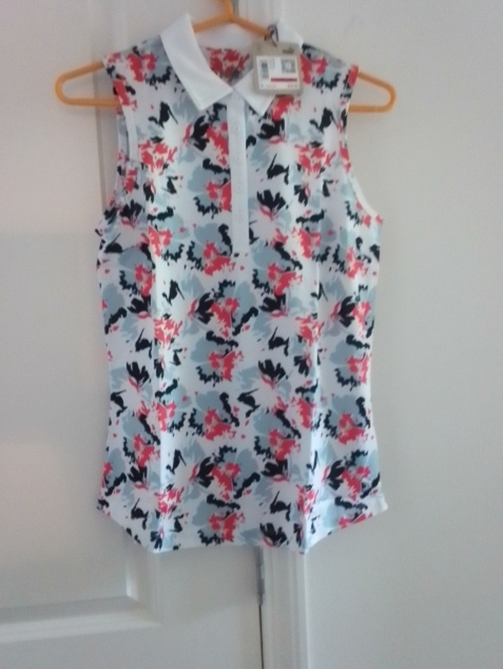 Puma Sleeveless Collared Floral Print Top - White, Coral & Navy